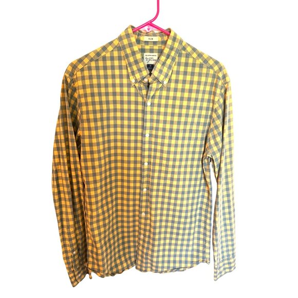 J.Crew Slim Fit Yellow Gray Checkered Gingham Cotton Button Up Shirt M Preppy - Picture 2 of 9